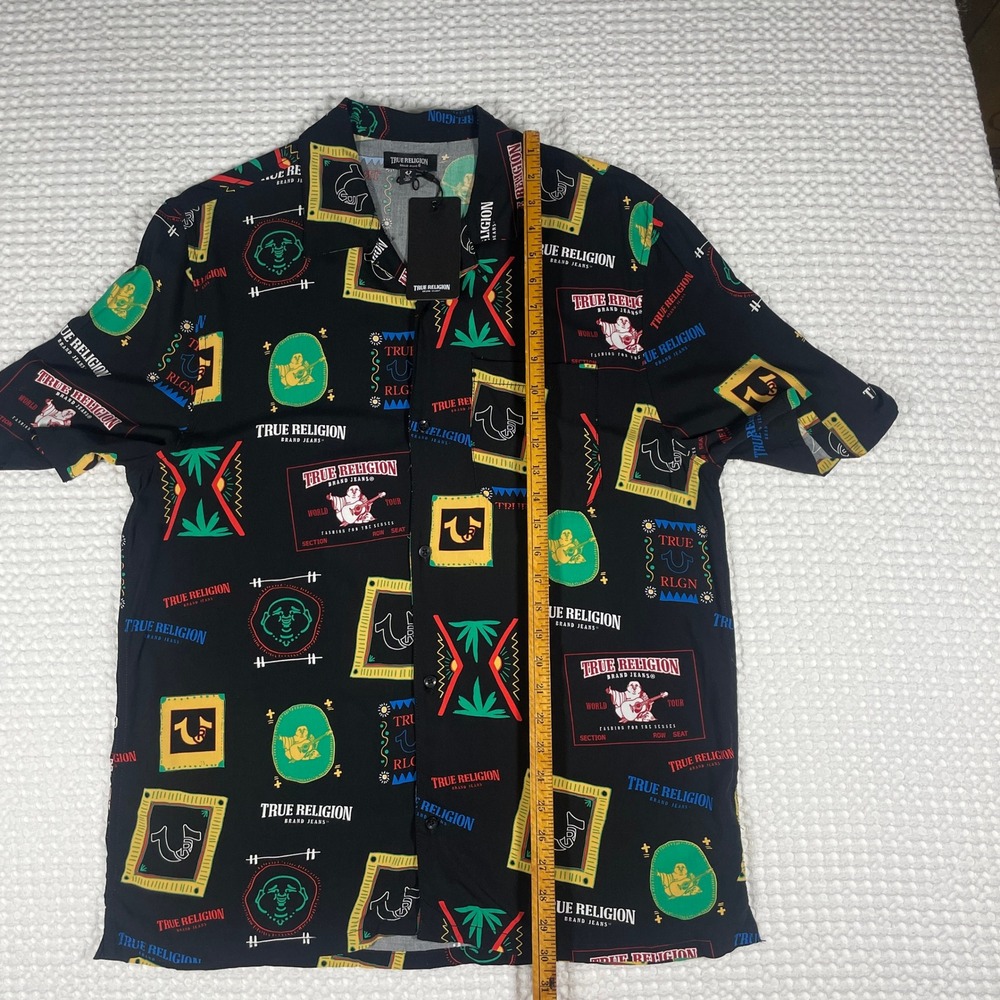 True Religion Resort Shirt Mens Large Black NWT SS Camp Collar Graphic Buddha - Picture 7 of 16
